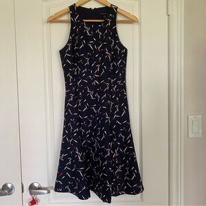 Banana Republic Black Flared Dress with Pink and Red Leaf Pattern Size 0